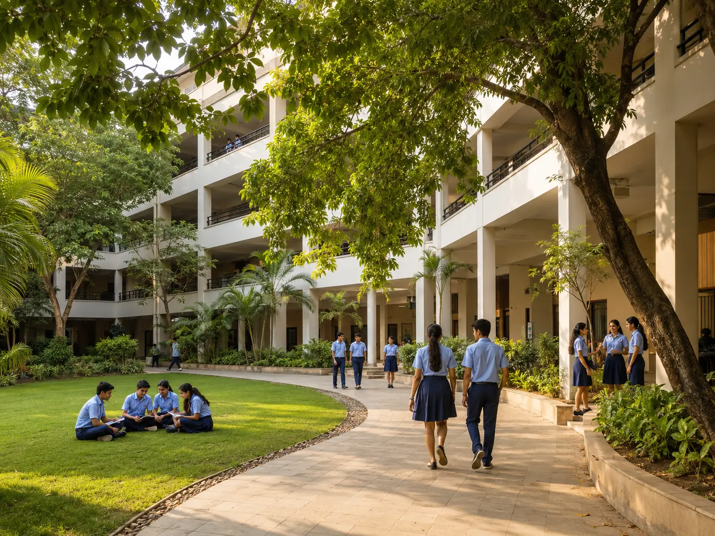 Concept image of students learning and spending time together in a bright school courtyard