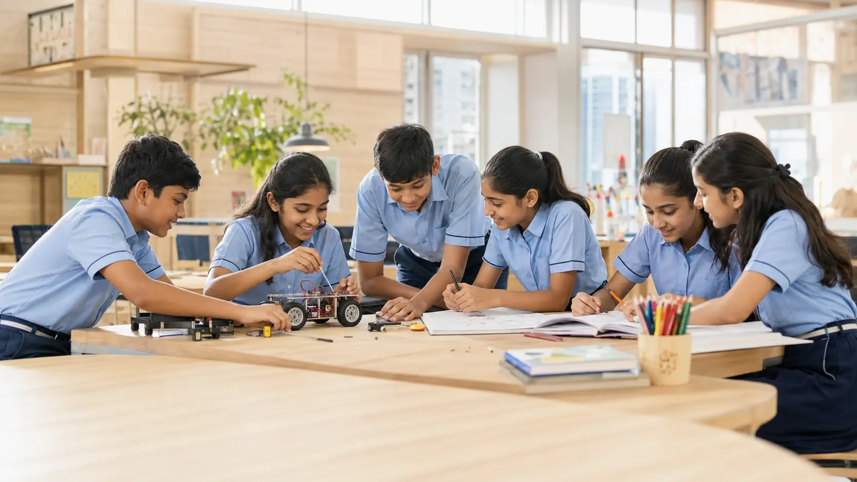 Concept image of students creating, experimenting and collaborating during the school day